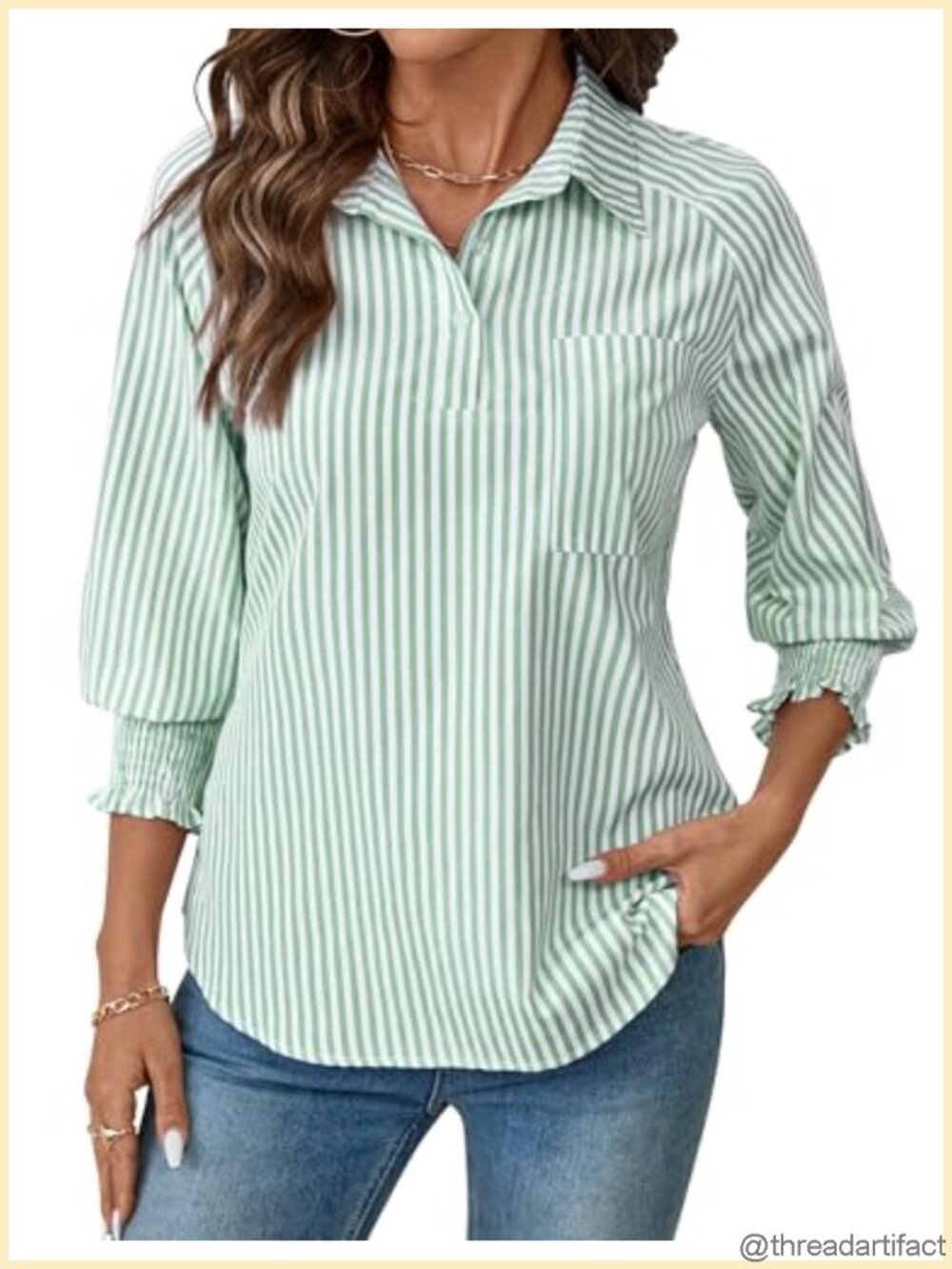 Women 3/4 Sleeve Button Down Blouse with Pocket Collared Henley Shirt